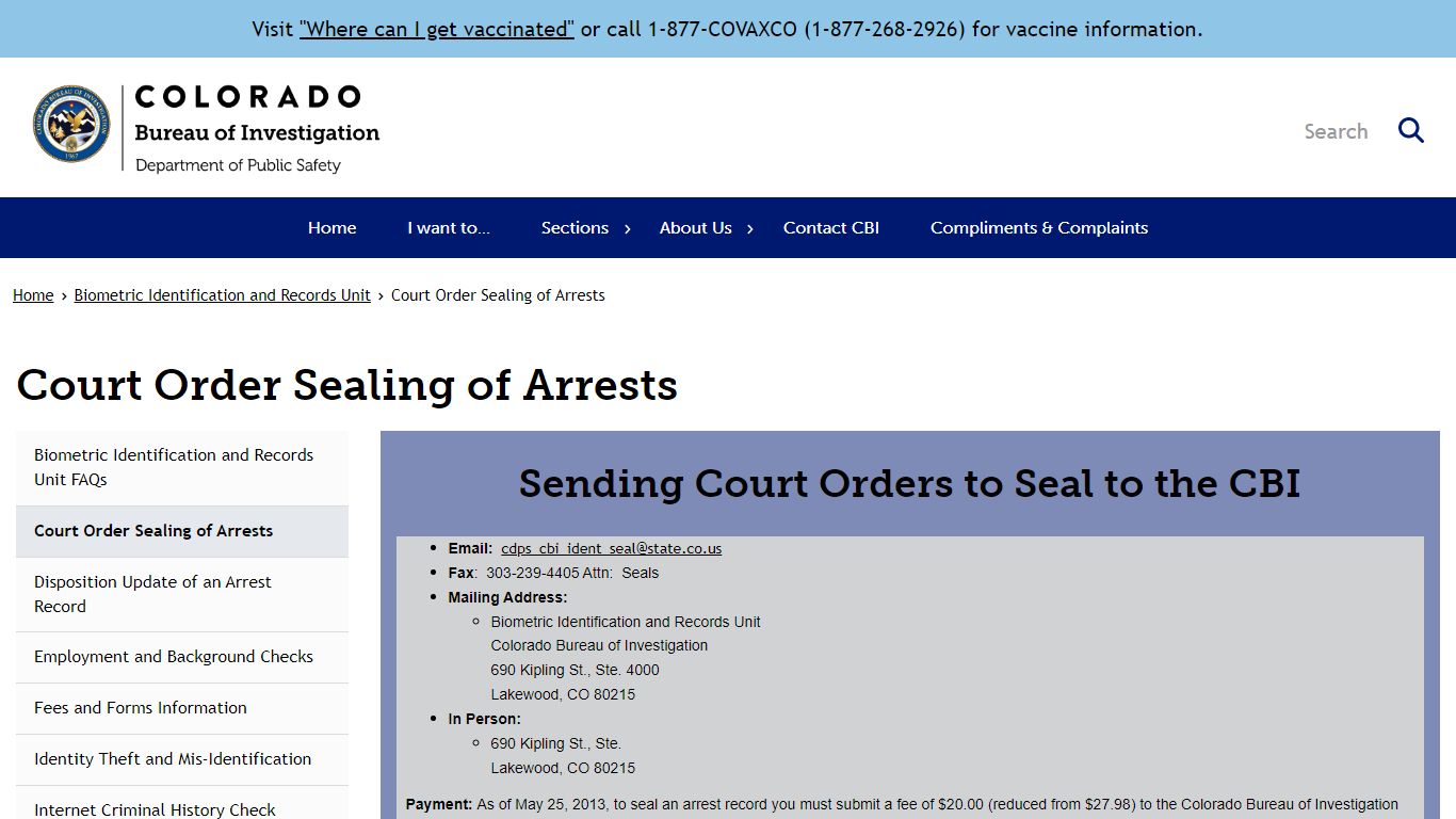 Court Order Sealing of Arrests | Colorado Bureau of Investigation